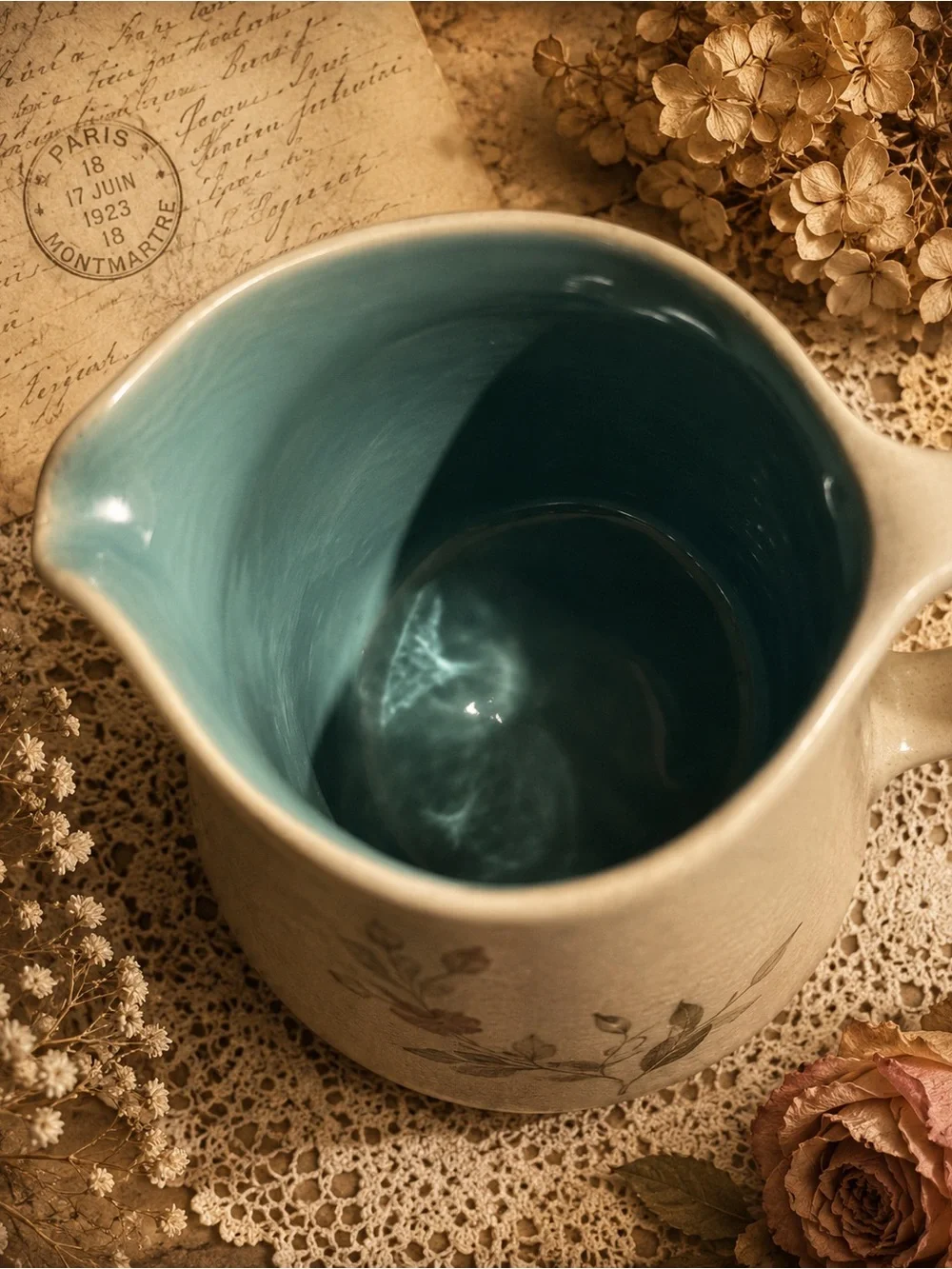 Chatham Stoneware Pitcher 7.5” Turquoise Interior Savory Herb Flower Vase